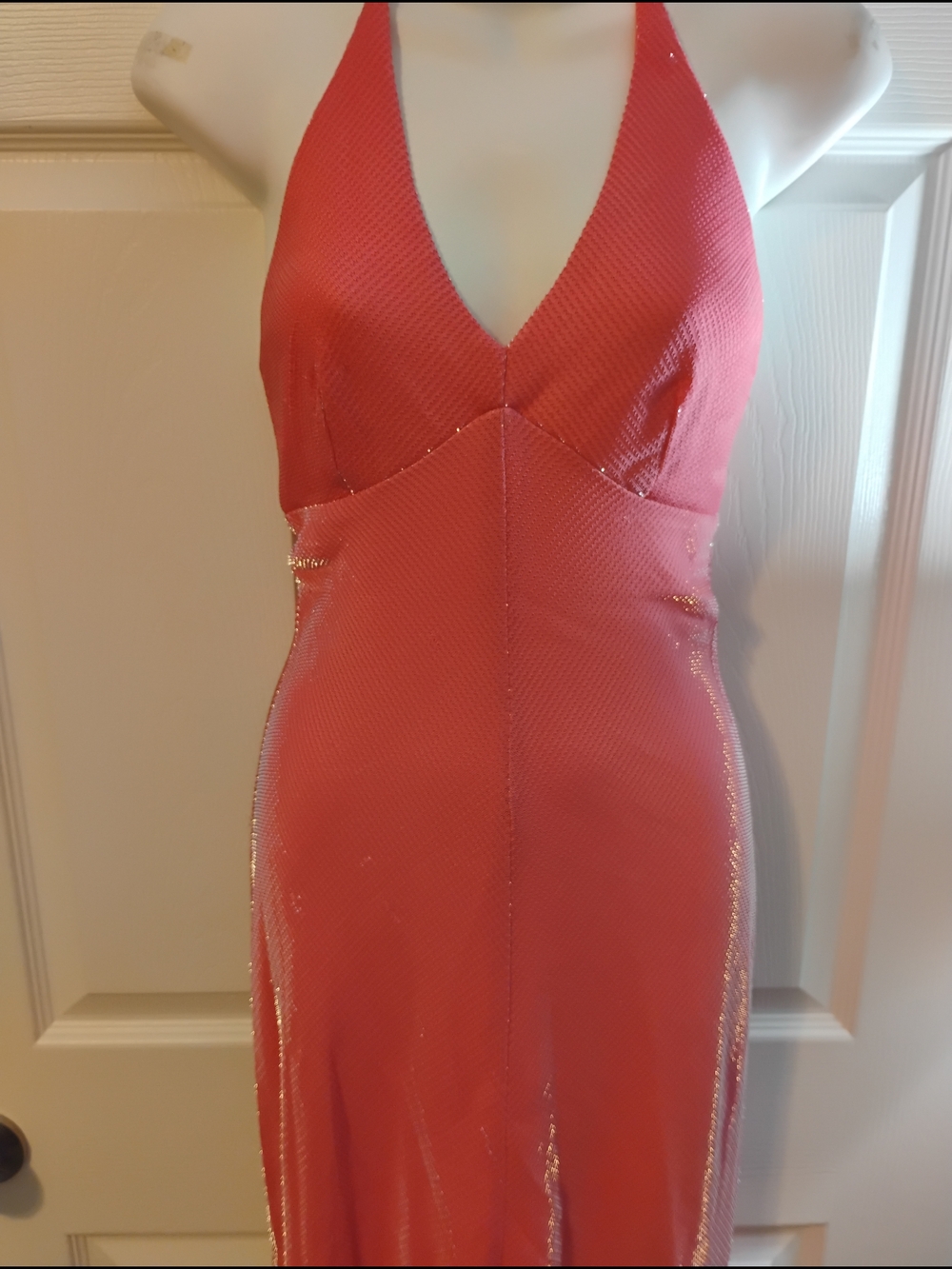 Michaelangelo Coral-Pink Halter V-Neck Shimmer Dress